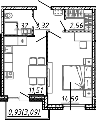 Планировка: 1-комнатная квартира 35,3 м² в ЖК «Догма Юкки»