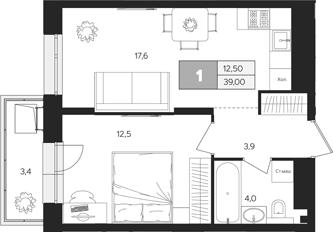 Планировка: 1-комнатная квартира 38 м² в ЖК «Ласточкино»