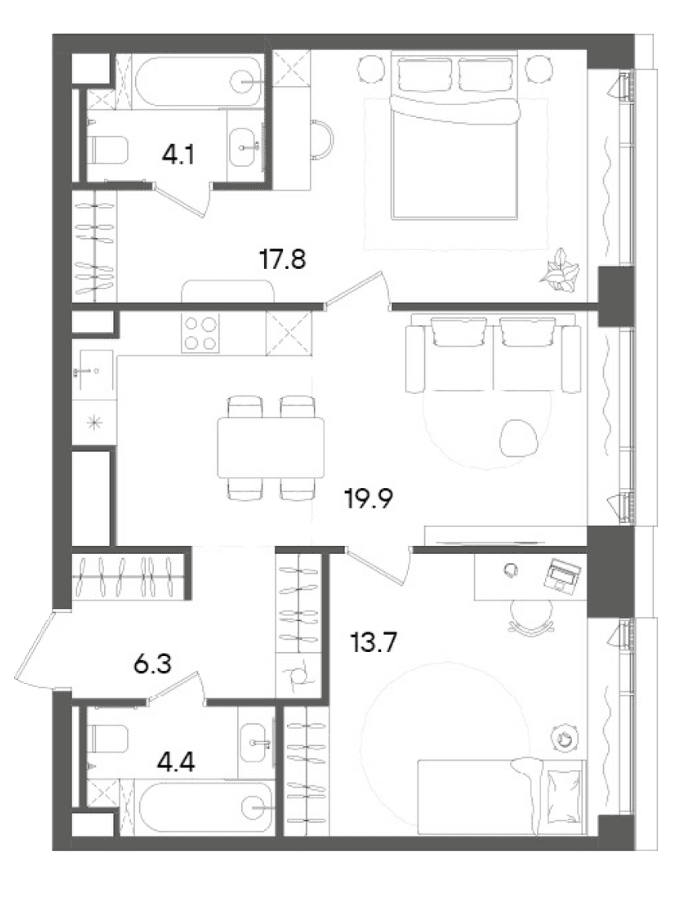 Планировка: Евротрёшка 66,2 м² в ЖК «СТОУН Грэйн»