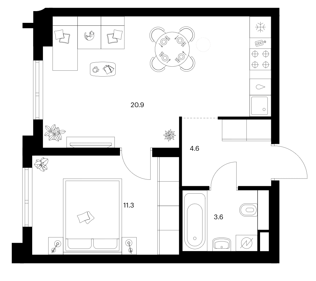 Планировка: 1-комнатная квартира 40,4 м² в ЖК «Зеленый парк»