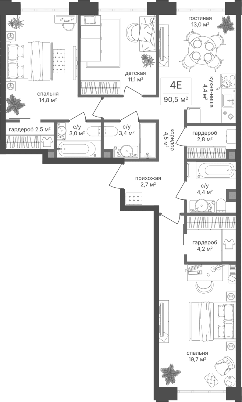 Планировка: Квартира евро-4 90,5 м² в ЖК «Михалковский»