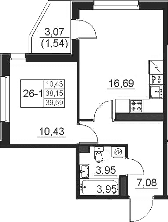 Планировка: Евродвушка 38,2 м² в ЖК «Поинт Токсово»