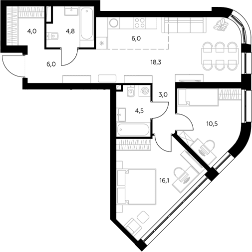 Планировка: Евротрёшка 72,9 м² в ЖК «Адмирал»