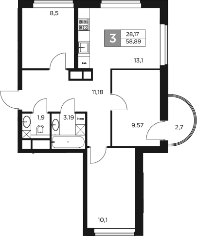 Планировка: 3-комнатная квартира 58,1 м² в ЖК «Восток 2»