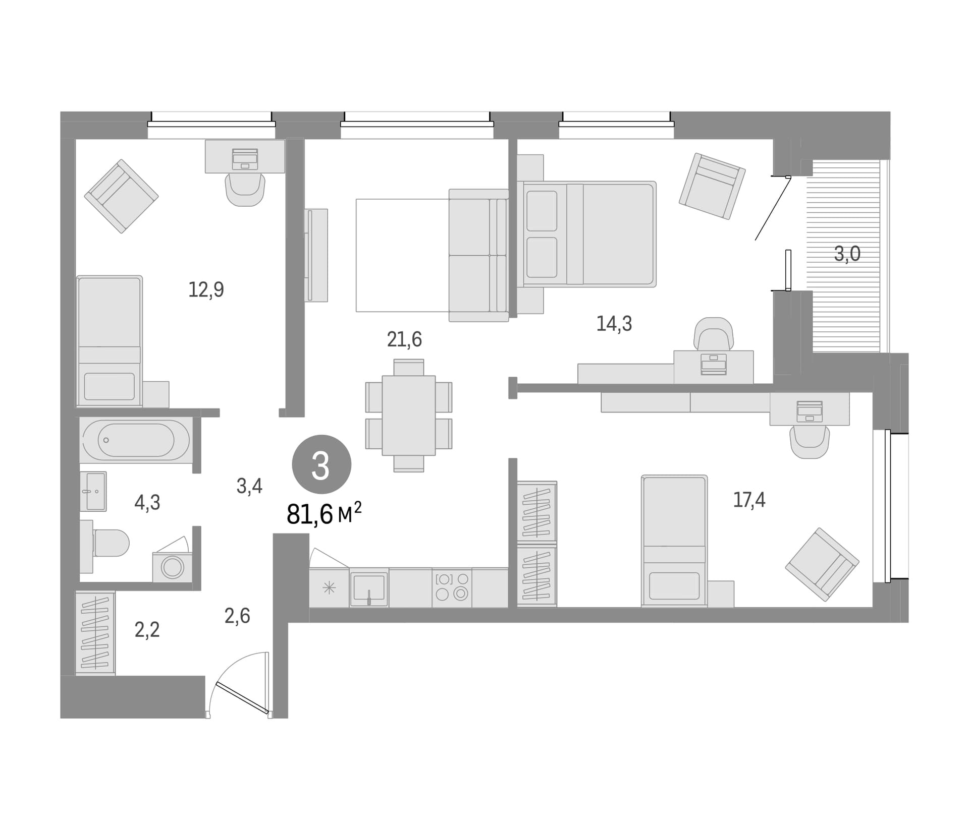 Планировка: 3-комнатная квартира 78,6 м² в ЖК «Северный ветер»