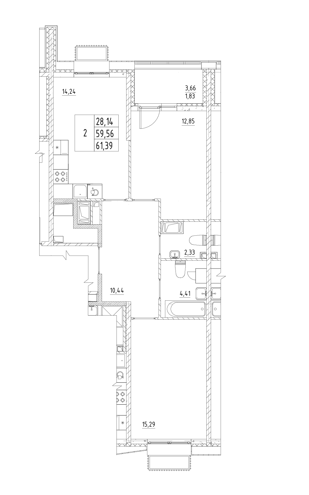 Планировка: 2-комнатная квартира 59,6 м² в ЖК «Респект»
