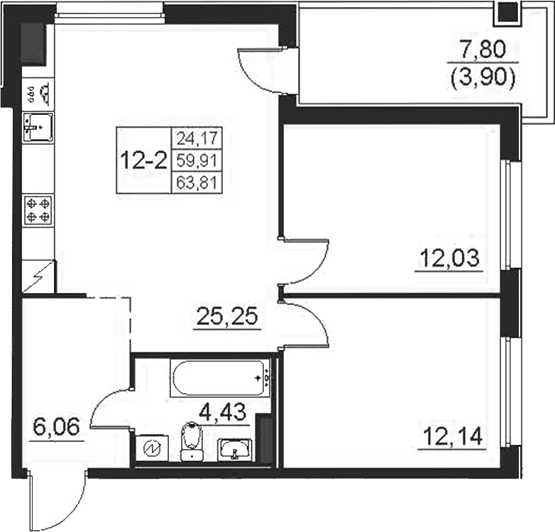 Планировка: Евротрёшка 59,9 м² в ЖК «Поинт Токсово»