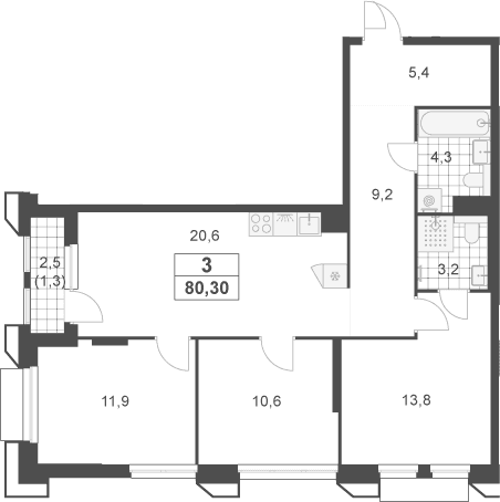 Планировка: Квартира евро-4 79 м² в ЖК «Южные сады»