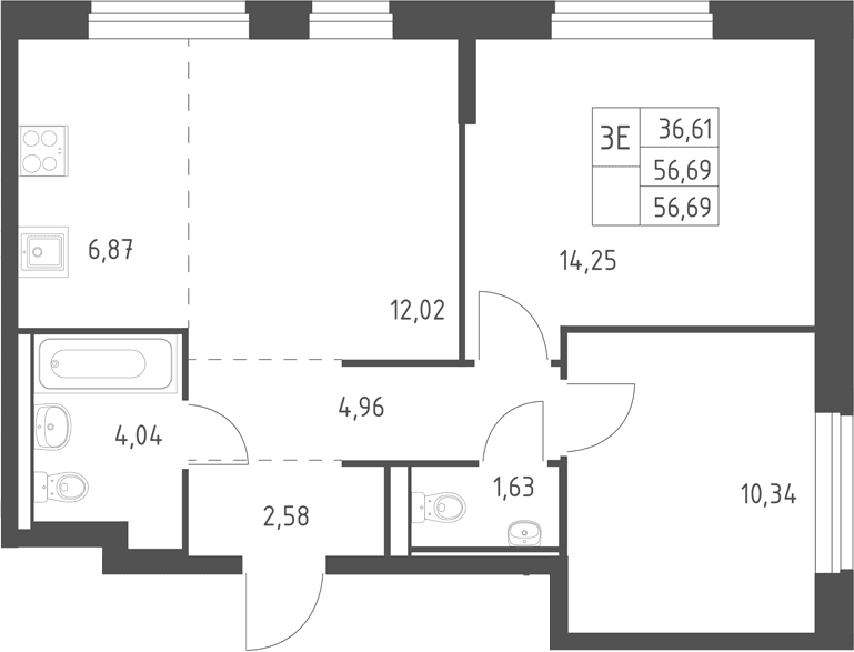 Планировка: Евротрёшка 56,7 м² в ЖК «Горки Парк»