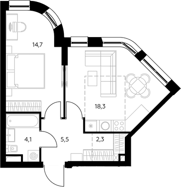 Планировка: Евродвушка 45,8 м² в ЖК «Адмирал»