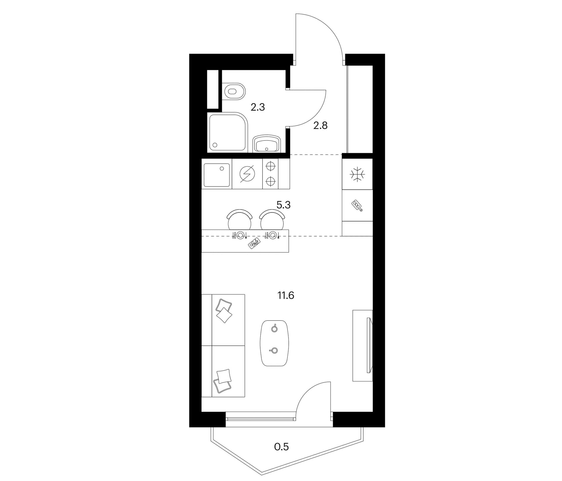 Планировка: Студия 22 м² в ЖК «Мичуринский парк»