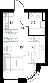 Планировка: Студия 29,6 м² в ЖК «Адмирал»