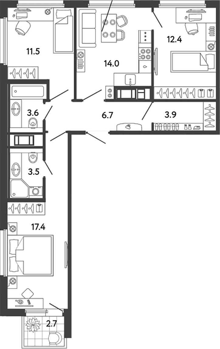Планировка: 3-комнатная квартира 73 м² в ЖК «Гений»