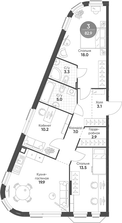Планировка: Квартира евро-4 82,9 м² в ЖК «Шагал»