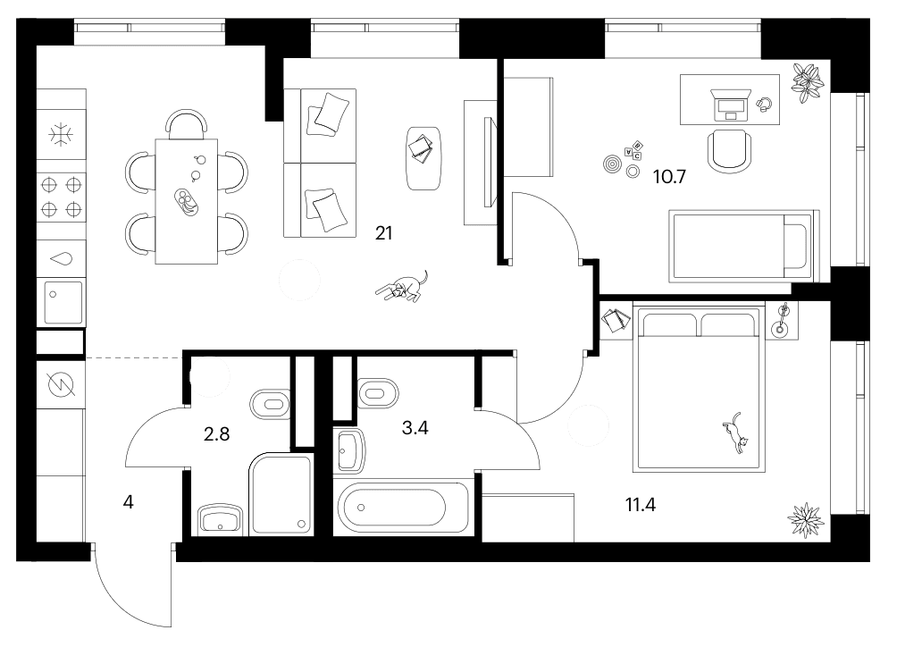 Планировка: 2-комнатная квартира 53,3 м² в ЖК «Бунинская набережная»