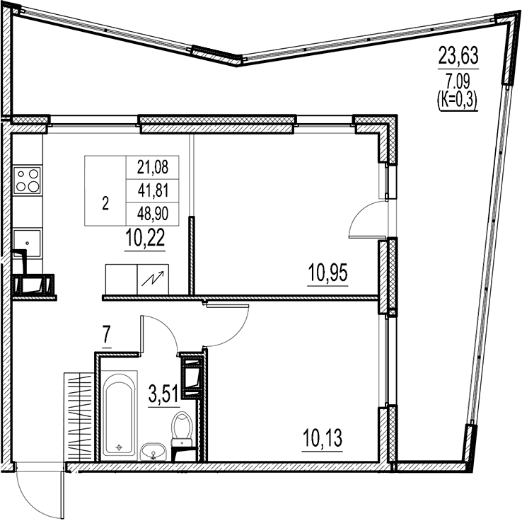 Планировка: 2-комнатная квартира 41,8 м² в ЖК «Город-спутник Южный»