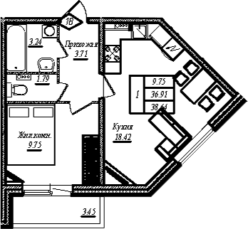 Планировка: 1-комнатная квартира 36,9 м² в ЖК «АРО»