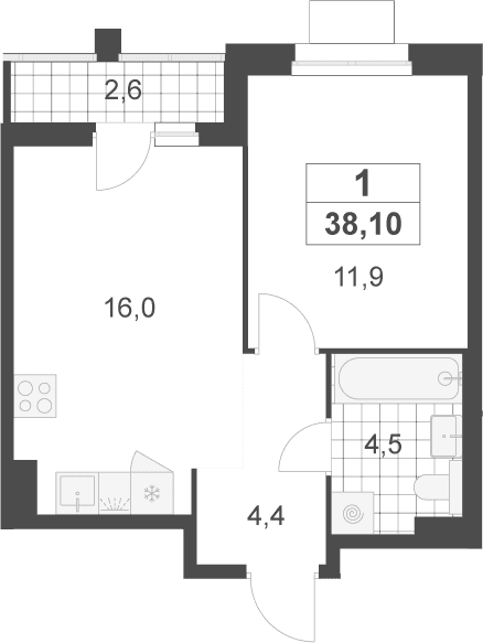Планировка: Евродвушка 36,8 м² в ЖК «Деснаречье»