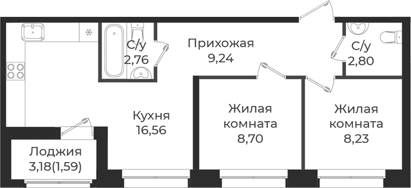 Планировка: Евротрёшка 48,3 м² в ЖК «Новатория»