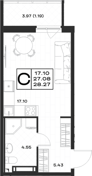 Планировка: Студия 27,1 м² в ЖК «Имена»