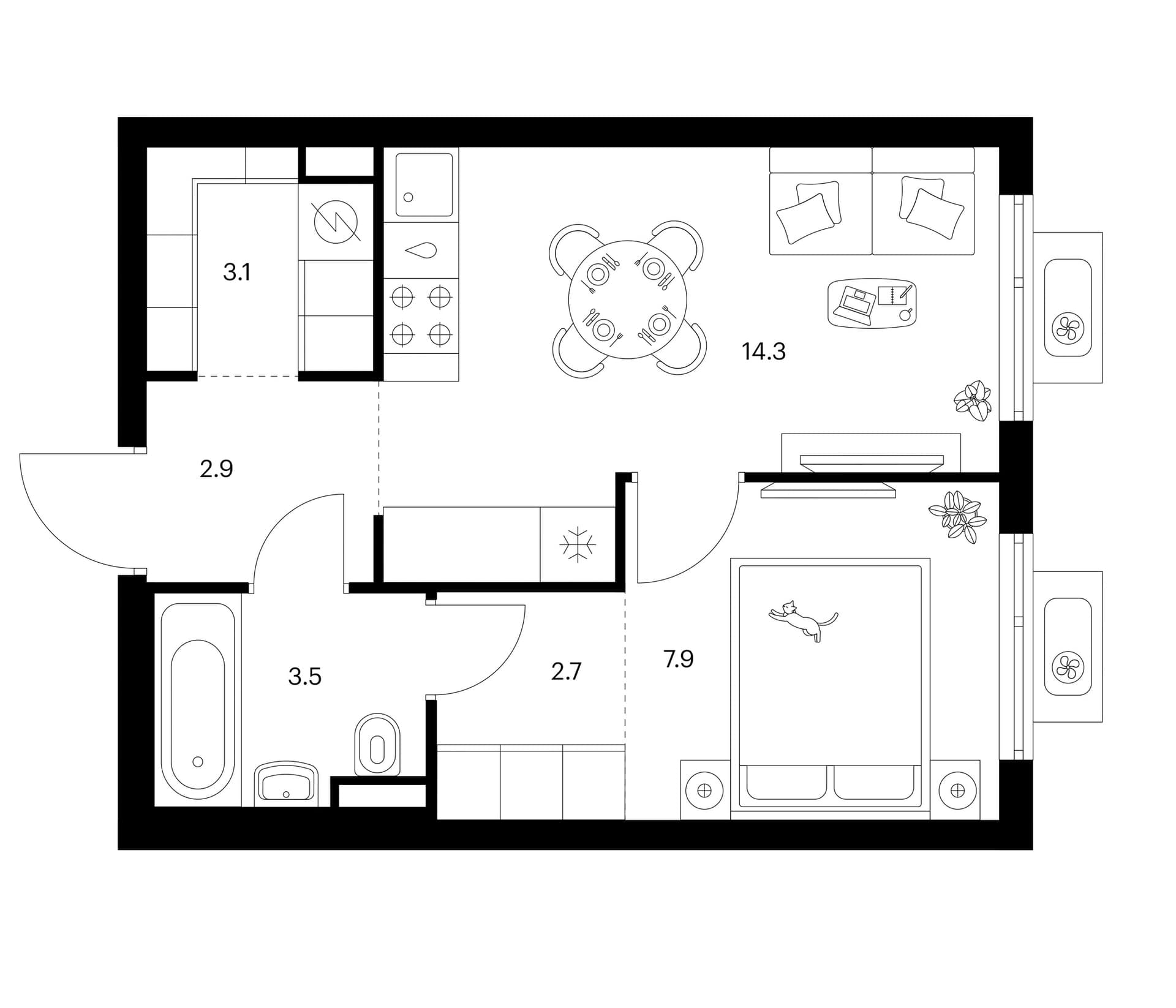 Планировка: 1-комнатная квартира 34,4 м² в ЖК «Белая Дача парк»