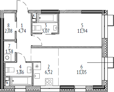 Планировка: Евродвушка 44,8 м² в ЖК «N'ICE LOFT»