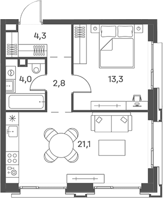 Планировка: Евродвушка 45,5 м² в ЖК «Портленд»