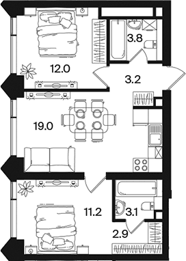 Планировка: Евротрёшка 55,2 м² в ЖК «РАКУРС»