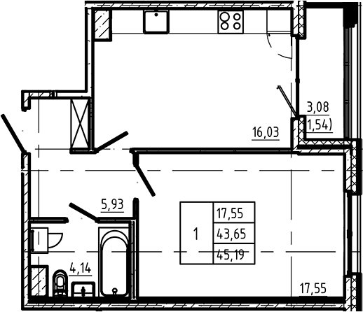 Планировка: 1-комнатная квартира 43,7 м² в ЖК «Регенбоген»