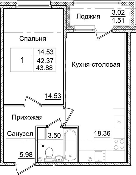 Планировка: 1-комнатная квартира 42,4 м² в ЖК «Квартал Заречье»