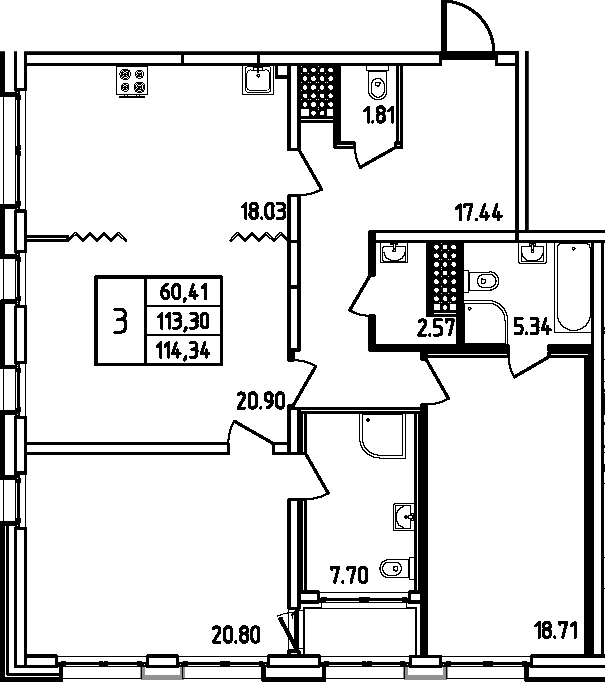 Планировка: Квартира евро-4 113,3 м² в ЖК «Дефанс»
