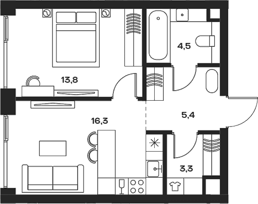 Планировка: Евродвушка 45 м² в ЖК «СОУЛ»