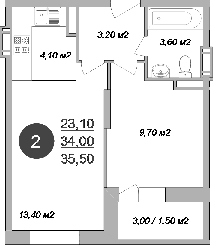 Планировка: Евродвушка 34 м² в ЖК «Новые Островцы»