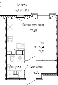Планировка: Студия 25,1 м² в ЖК «Аквилон Stories»
