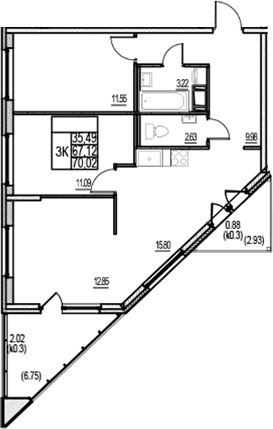Планировка: Квартира евро-4 67,1 м² в ЖК «ID Murino III»