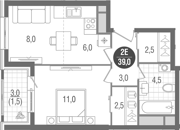 Планировка: Евродвушка 37,5 м² в ЖК «Кантемировский»
