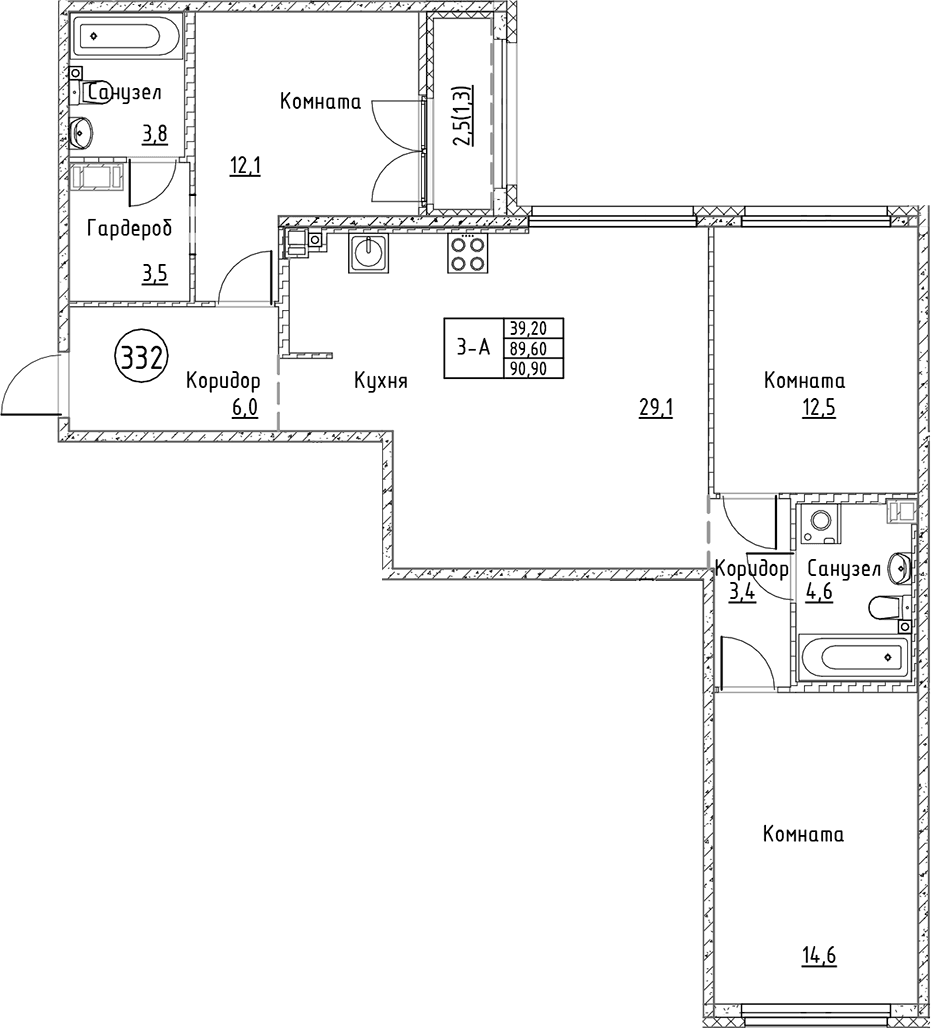 Планировка: Квартира евро-4 89,6 м² в ЖК «Кронунг Юг»