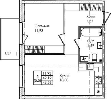 Планировка: Евродвушка 42,2 м² в ЖК «Лисино»