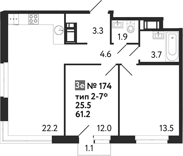 Планировка: Евротрёшка 61,2 м² в ЖК «Литера»