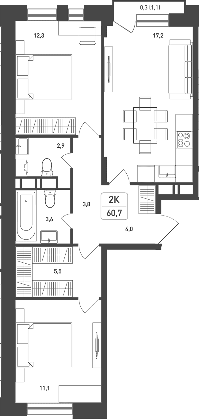 Планировка: 2-комнатная квартира 62,6 м² в ЖК «Новая Щербинка»