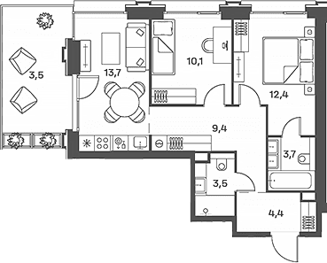 Планировка: Евротрёшка 57,2 м² в ЖК «Портленд»