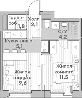 Планировка: Евродвушка 34,3 м² в ЖК «НАТИВ»