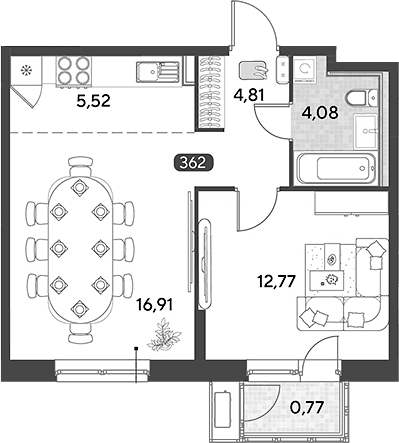 Планировка: Евродвушка 44,1 м² в ЖК «Космопарк»