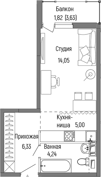 Планировка: Студия 29,6 м² в ЖК «Рига Хиллс»