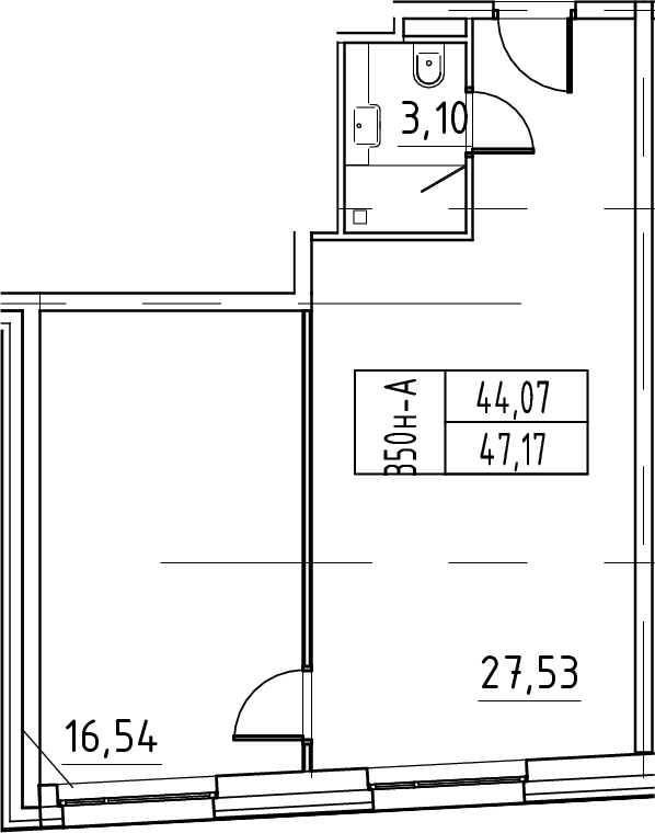Планировка: Евродвушка 47,2 м² в ЖК «ЙЕС Лидер»