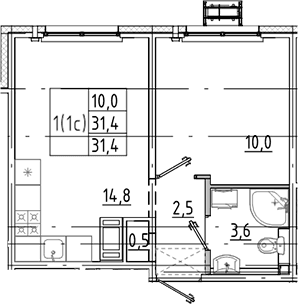 Планировка: Евродвушка 31,4 м² в ЖК «Цветной город»