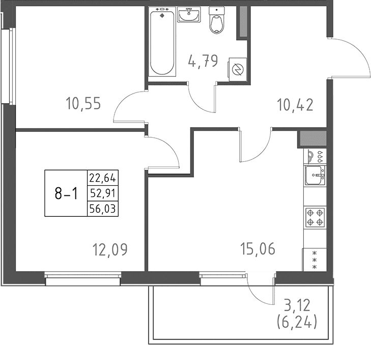 Планировка: Евротрёшка 52,9 м² в ЖК «Поинт Токсово»