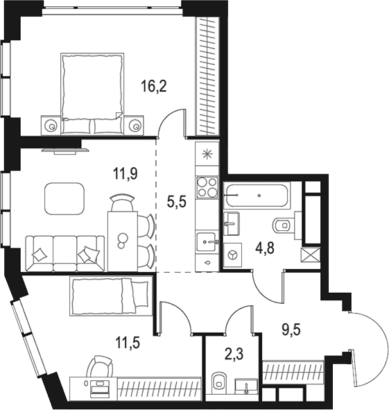 Планировка: Евротрёшка 61,7 м² в ЖК «Левел Мичуринский»