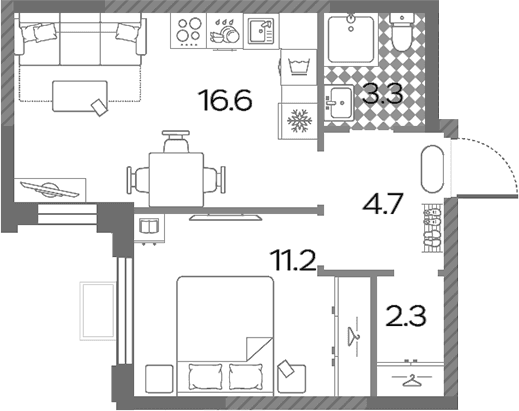 Планировка: Евродвушка 38,1 м² в ЖК «Лучи»