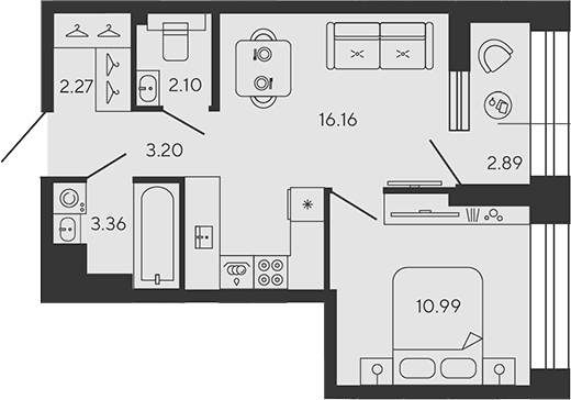 Планировка: Евродвушка 38,1 м² в ЖК «BASHNI ELEMENT»